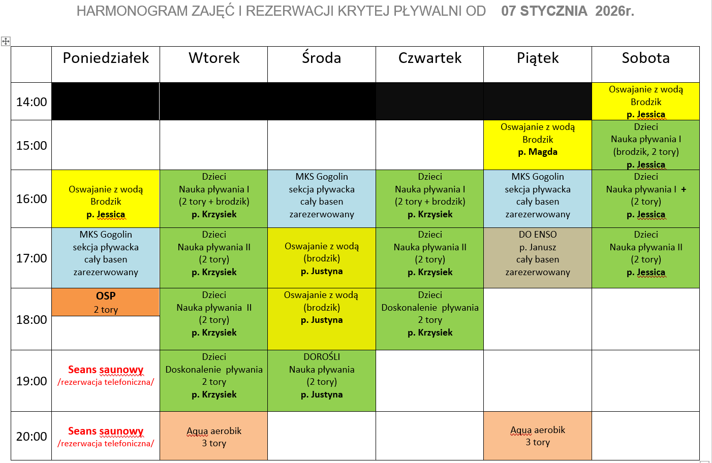 Harmonogram basen kryty 07012026