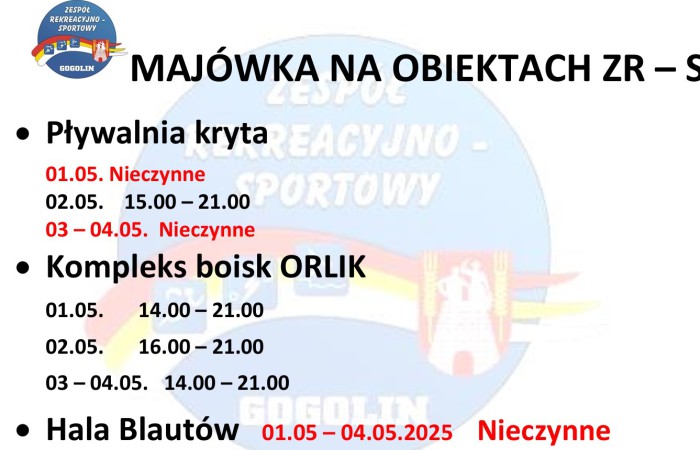 Rozkład dostępności naszych obiektów w weekend majowy