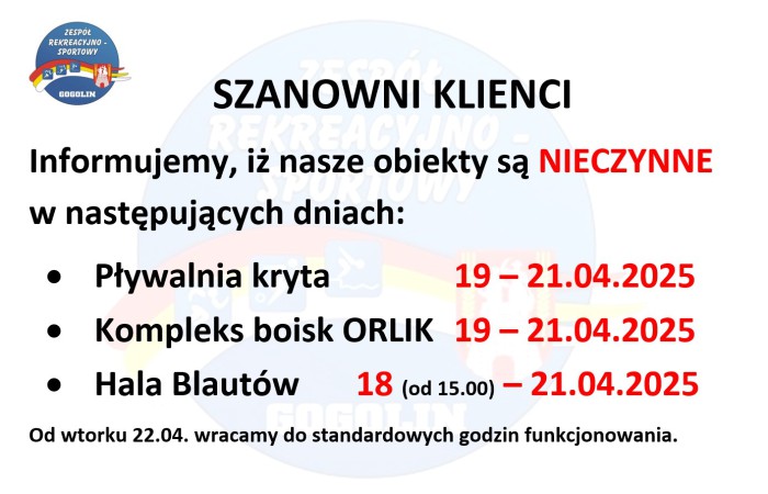 W najbliższych dniach ze względu na okres świąteczny nasze obiekty nie będą dla Państwa dostępne. Szczegóły poniżej 