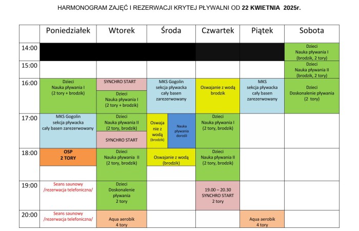 Harmonogram pływalni krytej od 22.04.2025